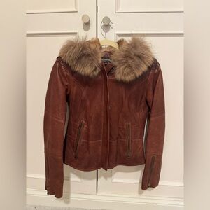 Andrew Marc Brown Leather Jacket with Fur Collar